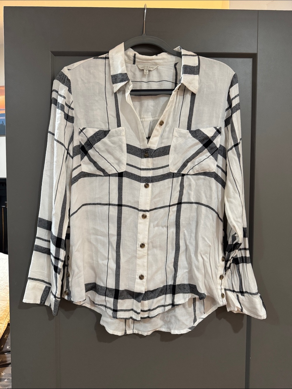 Lucky Brand White and Black Plaid Button-Down Shirt